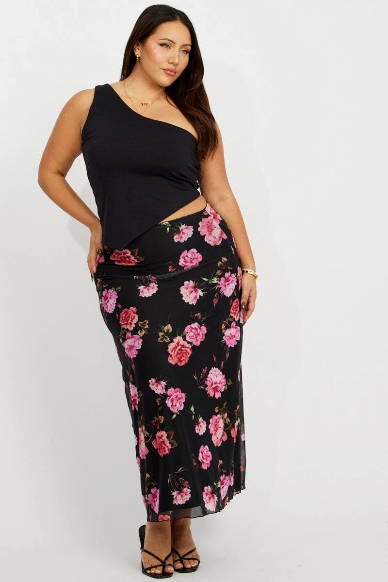 Fresh Fit Black Floral Lace Trim Mesh Midi Skirt
