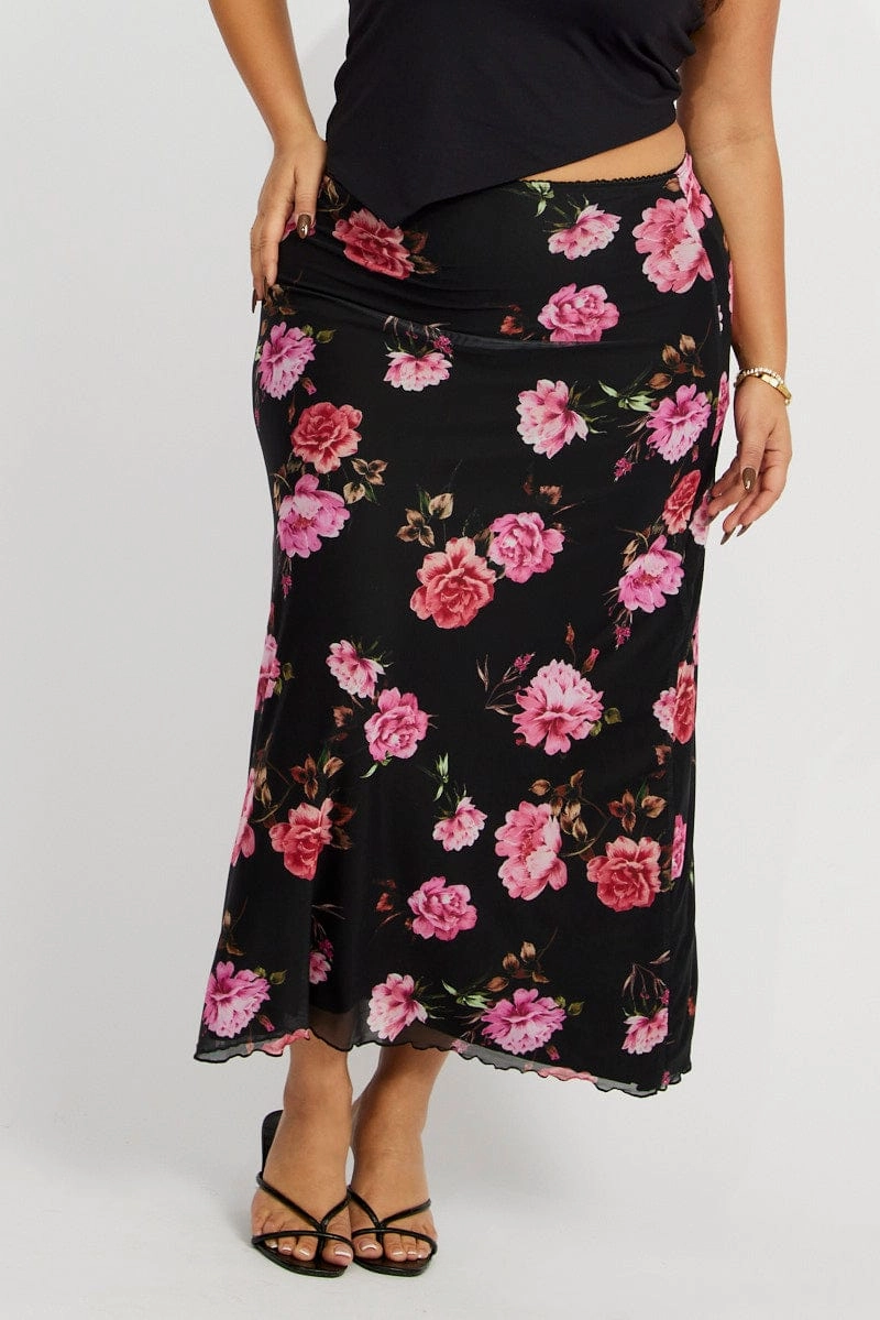 Black Floral Lace Trim Mesh Midi Skirt Tonal Layering Art Gallery Visit
