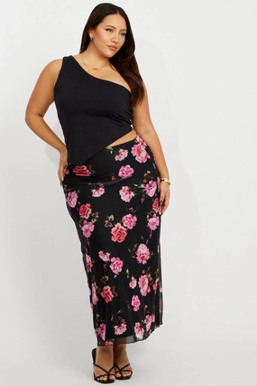 Fresh Fit Black Floral Lace Trim Mesh Midi Skirt