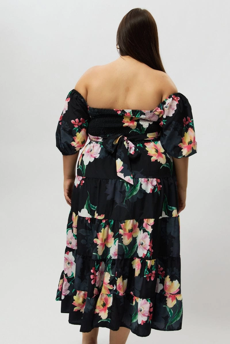 Chic Direction Black Floral Maxi Dress Short Sleeve Shirred