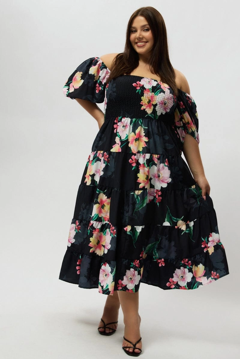 Black Floral Maxi Dress Short Sleeve Shirred Premium Fabric Chic Wear