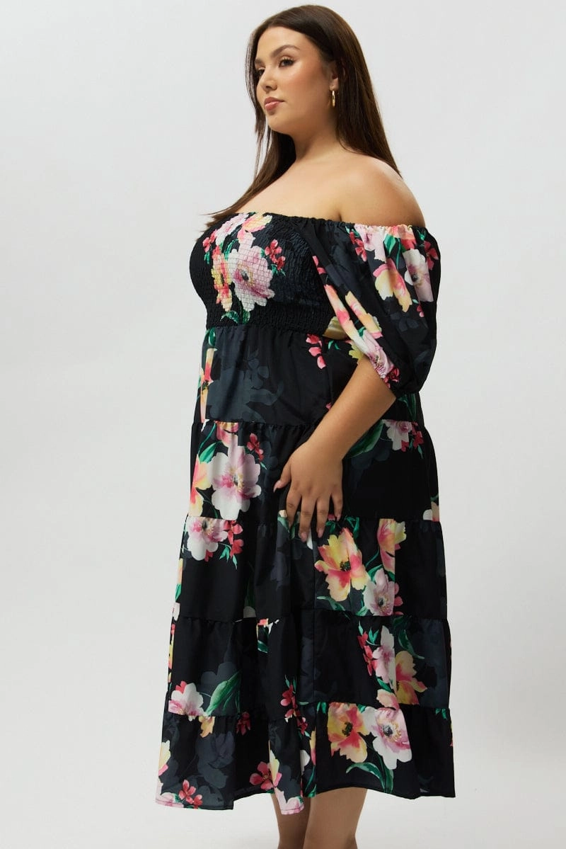 StretchableKnit Black Floral Maxi Dress Short Sleeve Shirred