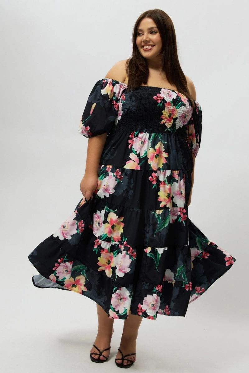 Black Floral Maxi Dress Short Sleeve Shirred Effortless Touch