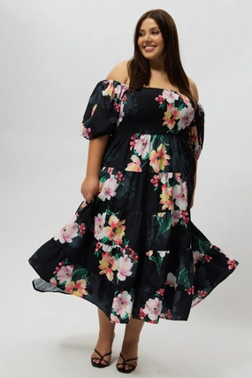 Black Floral Maxi Dress Short Sleeve Shirred Effortless Touch