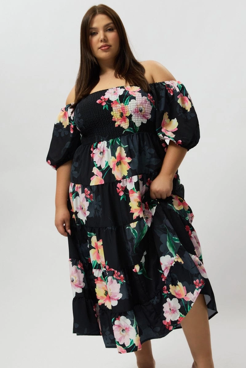 Charming Fit Perfectly Styled Black Floral Maxi Dress Short Sleeve Shirred