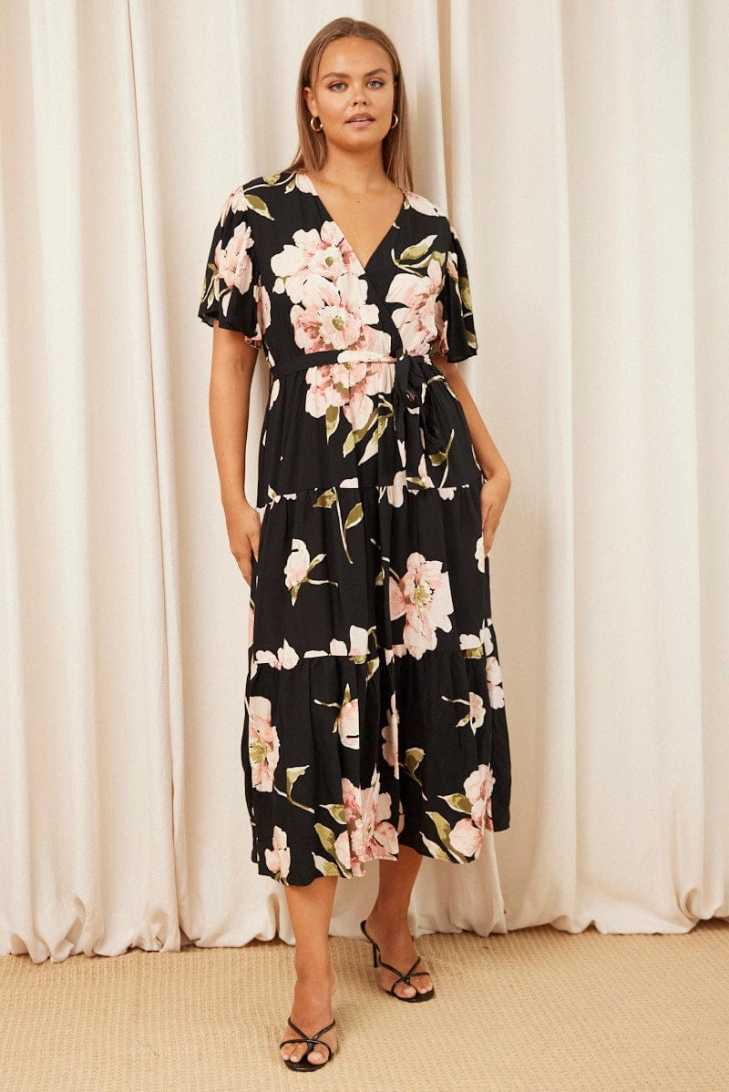 Cool Motion Chill Edge Black Floral Maxi Dress Short Sleeve Wrap Front Tiered