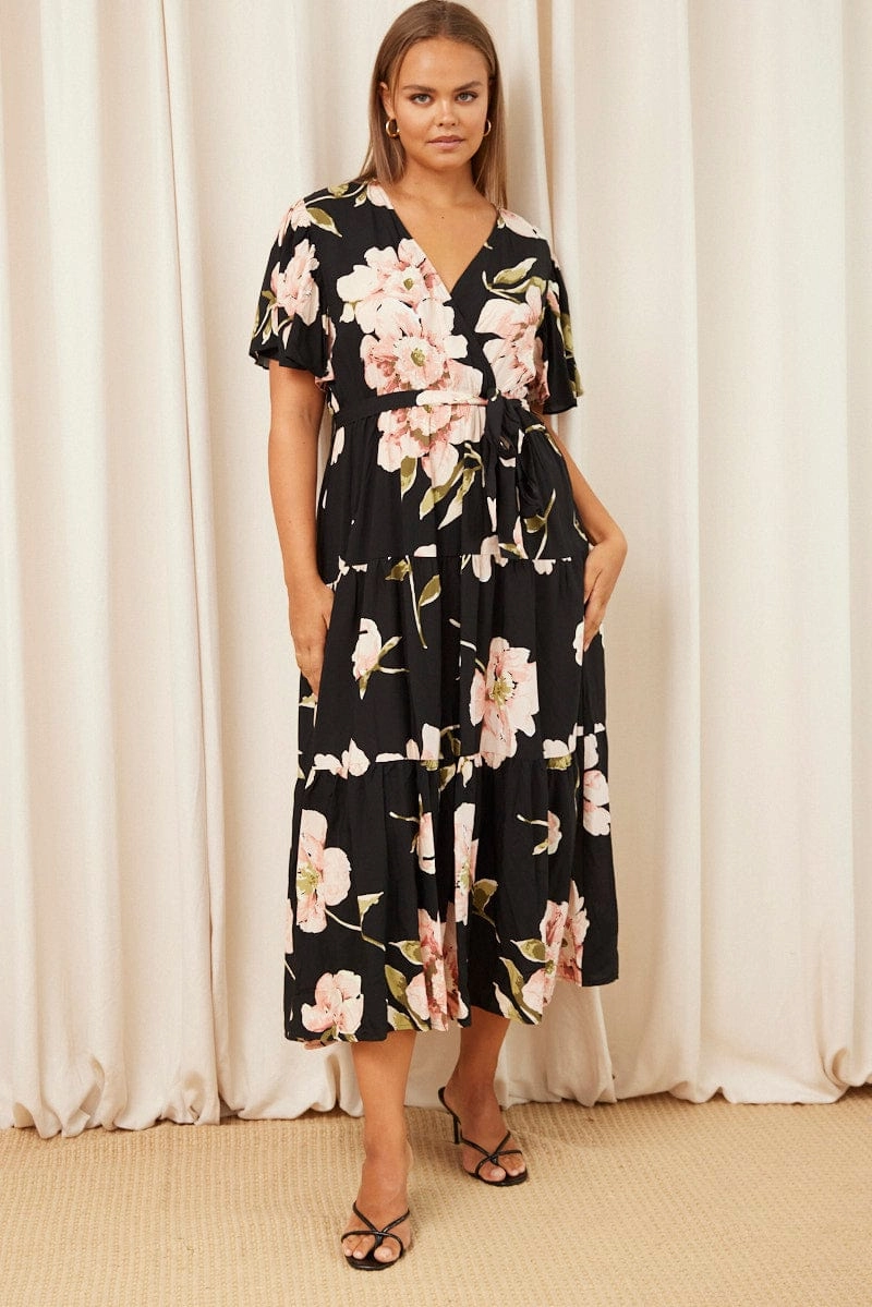 Black Floral Maxi Dress Short Sleeve Wrap Front Tiered Chic Fit Glam Touch