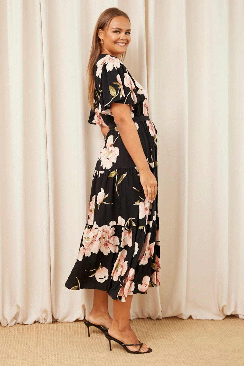Black Floral Maxi Dress Short Sleeve Wrap Front Tiered Pure Stitch
