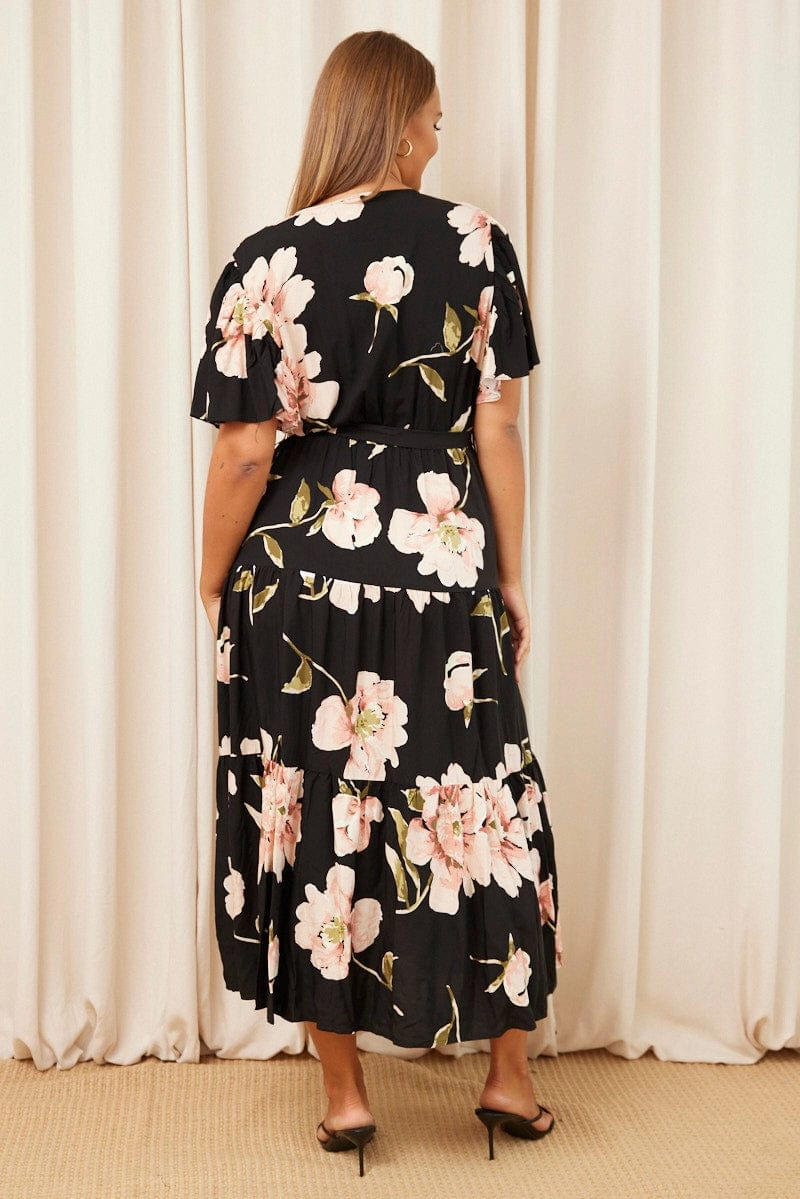 Black Floral Maxi Dress Short Sleeve Wrap Front Tiered Professional Comfort Vibrant Look