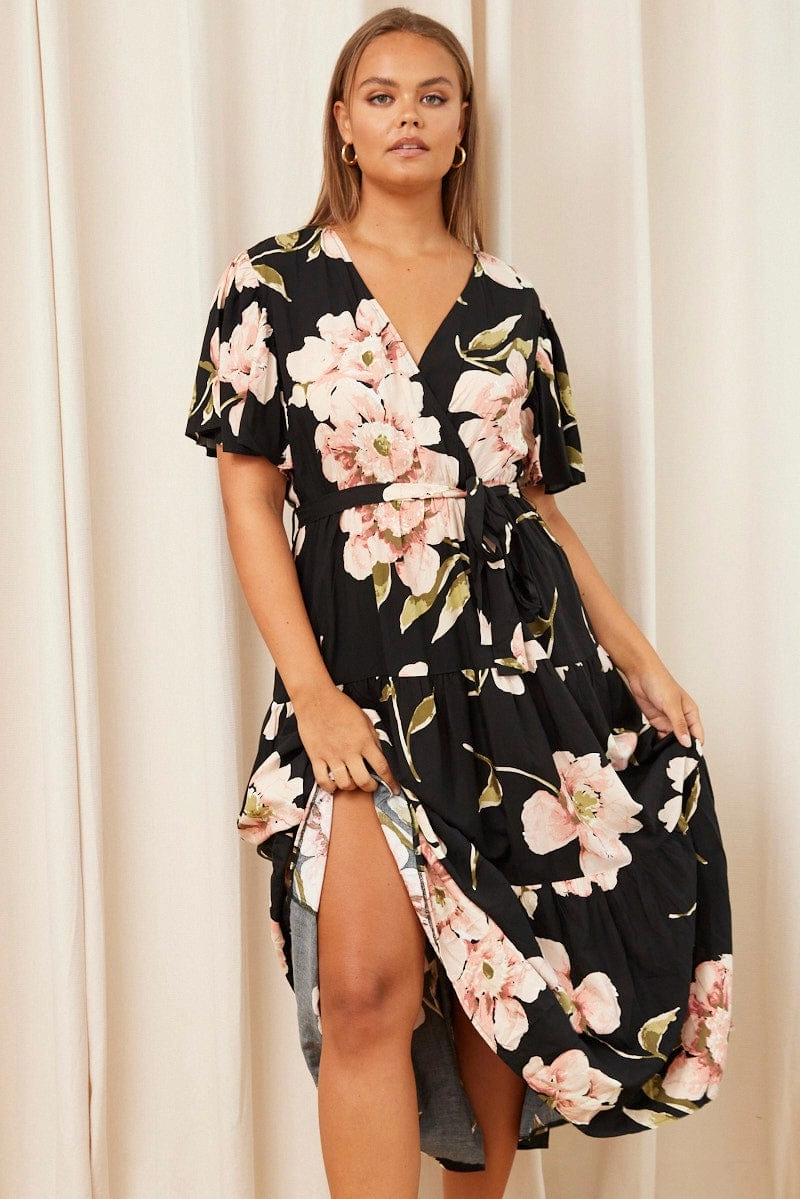 Refined touch Black Floral Maxi Dress Short Sleeve Wrap Front Tiered