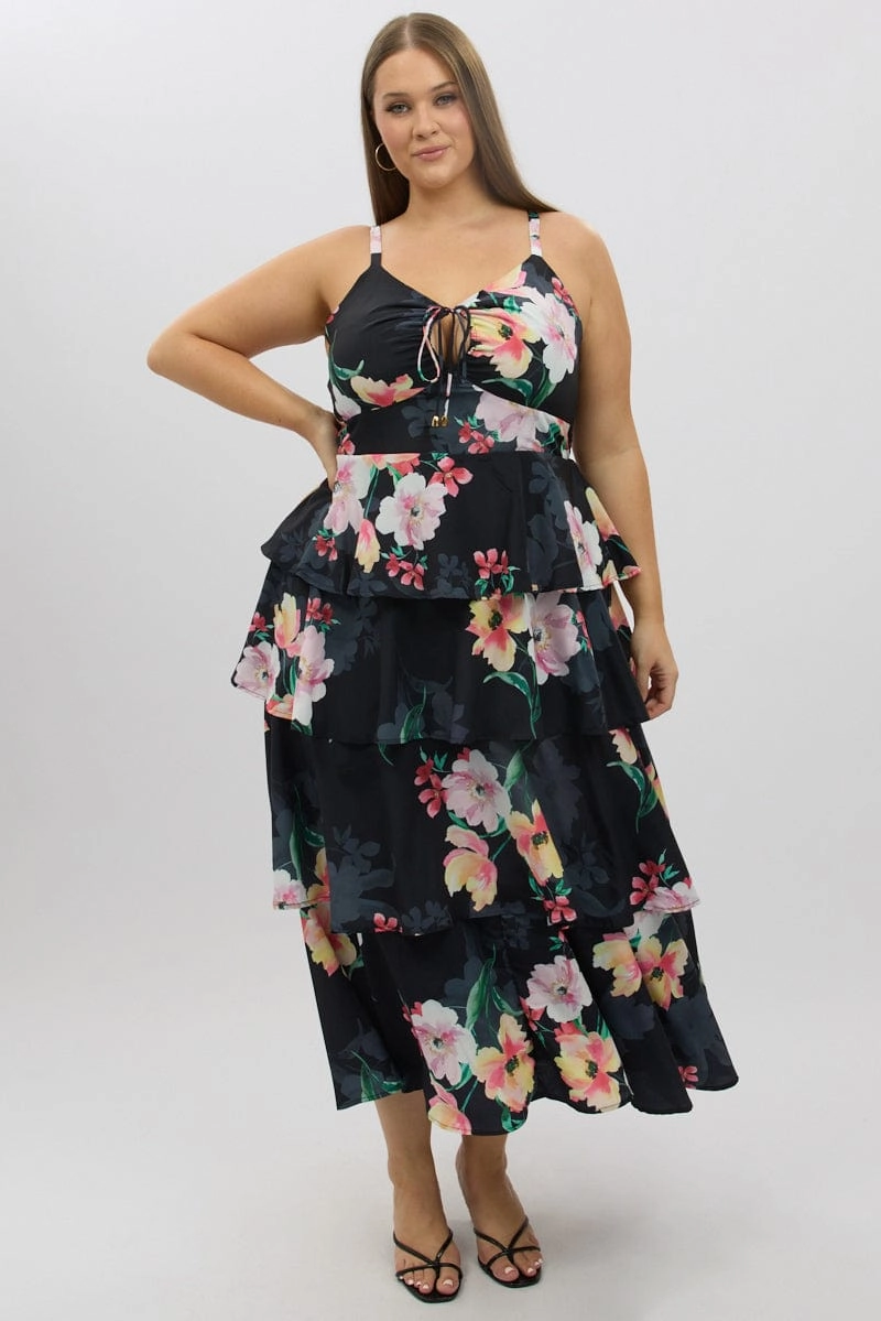 Soft Fit Wear Effortless Wear Black Floral Maxi Dress Sleeveless Ruched Bust Tiered