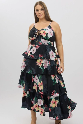 Black Floral Maxi Dress Sleeveless Ruched Bust Tiered Casual Mode Classic Waistband