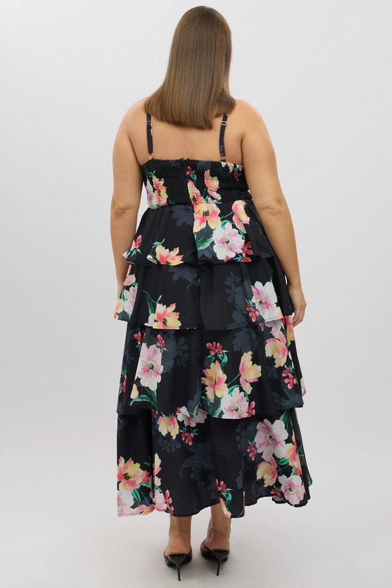 Black Floral Maxi Dress Sleeveless Ruched Bust Tiered Flow Friendly