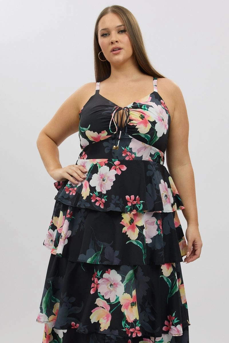 Trendy Everyday Black Floral Maxi Dress Sleeveless Ruched Bust Tiered