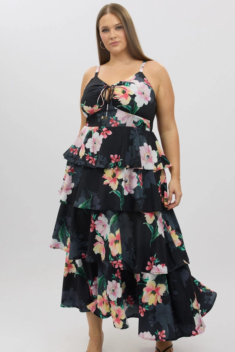 Black Floral Maxi Dress Sleeveless Ruched Bust Tiered Casual Mode Classic Waistband