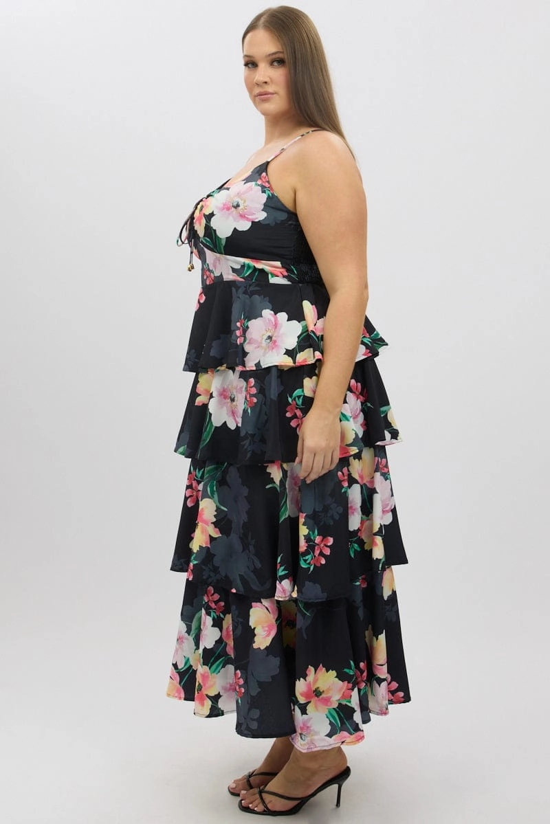 Black Floral Maxi Dress Sleeveless Ruched Bust Tiered Invisible-Zip