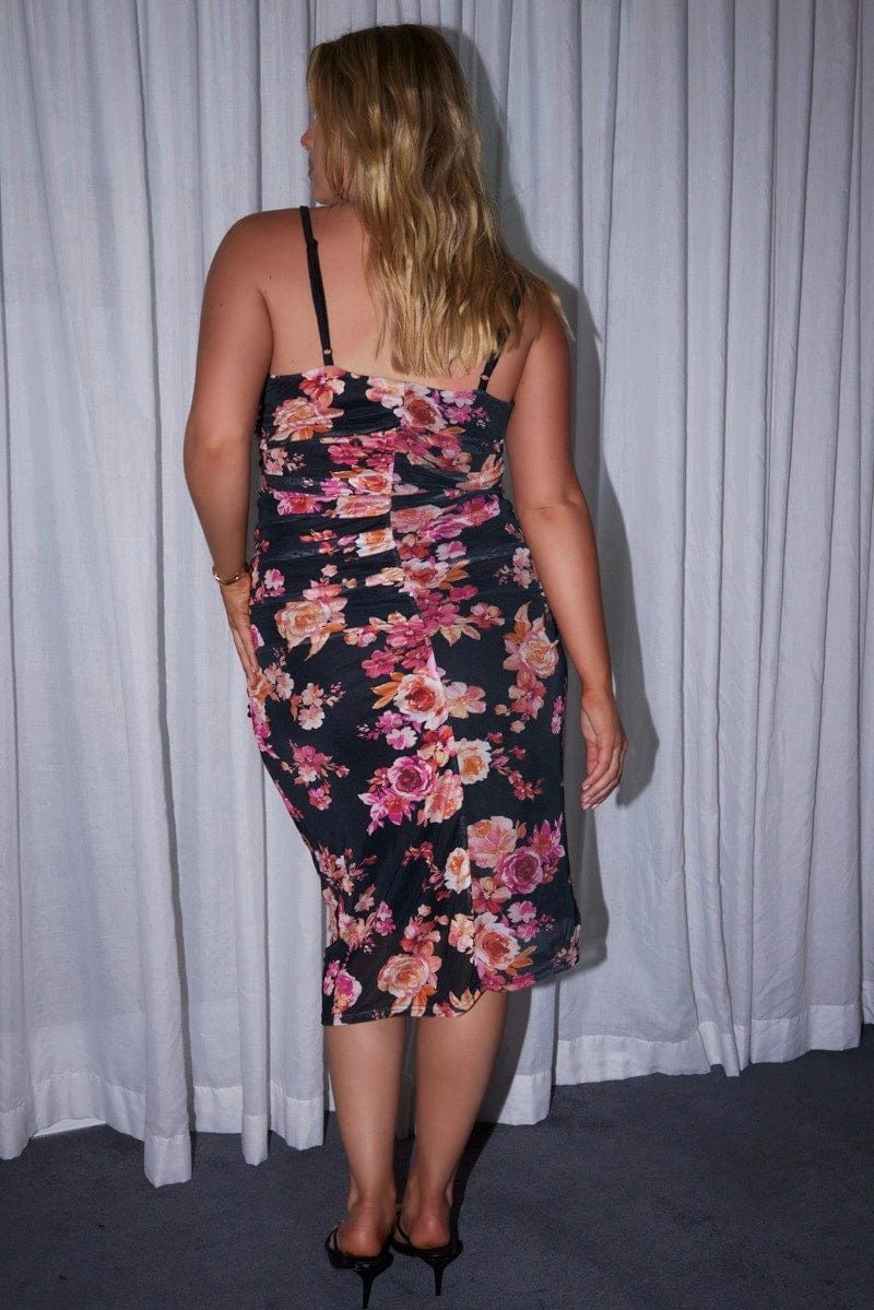 Airy Fit Black Floral Mesh Bodycon Ruched Shoestring Strap Dress