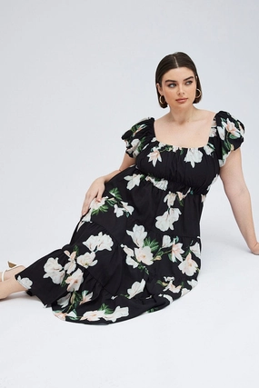 Smooth Outline Black Floral Midi Dress Short Sleeve Tiered Ruched