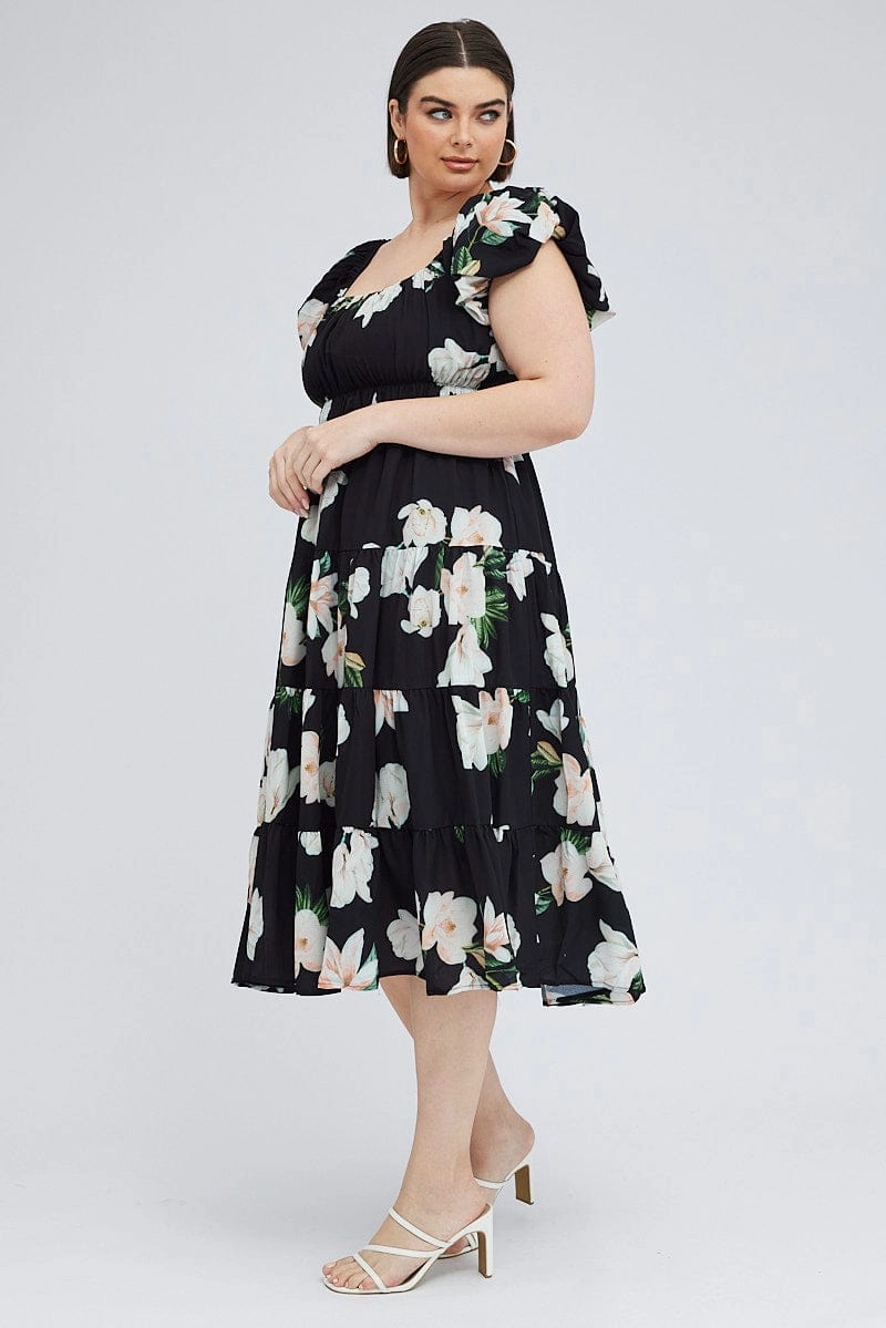 Stretch-Recovery Quiet Mood Black Floral Midi Dress Short Sleeve Tiered Ruched