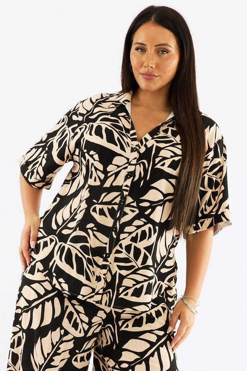 mix and match Black Floral Relaxed Shirt Short Sleeve Linen Blend