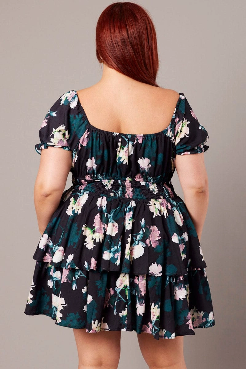 Timeless Waistband Fit Black Floral Shirred Waist Detail Layer Minidress