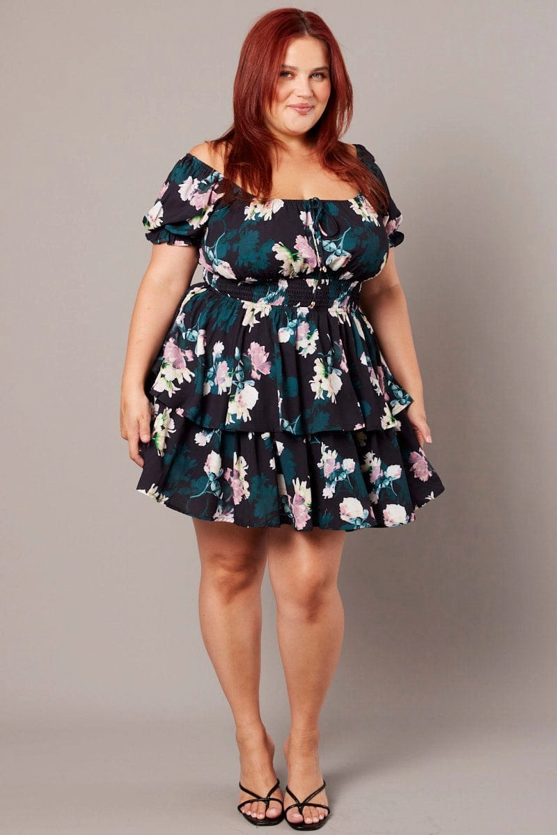 Artistic Detail Black Floral Shirred Waist Detail Layer Minidress