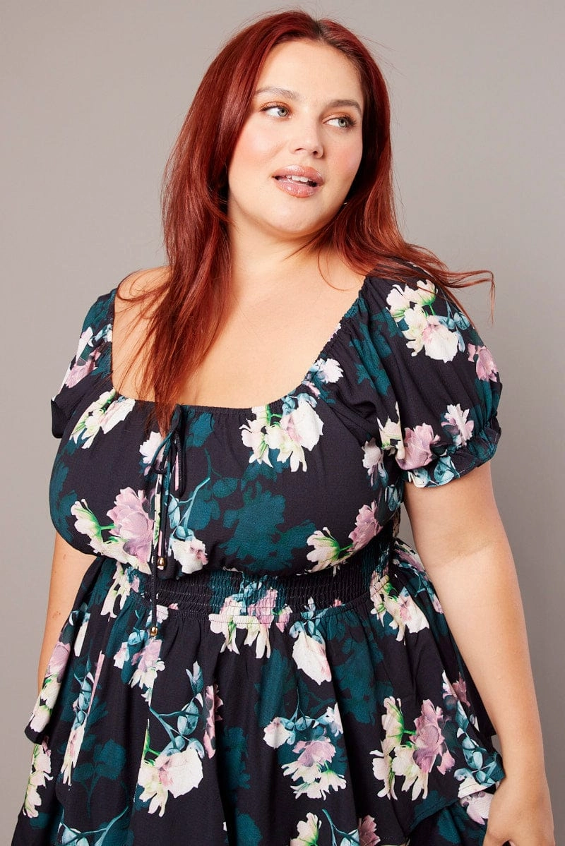 Outfit Boost Black Floral Shirred Waist Detail Layer Minidress