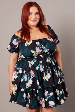 Black Floral Shirred Waist Detail Layer Minidress Comfortable Design Cozy Touch