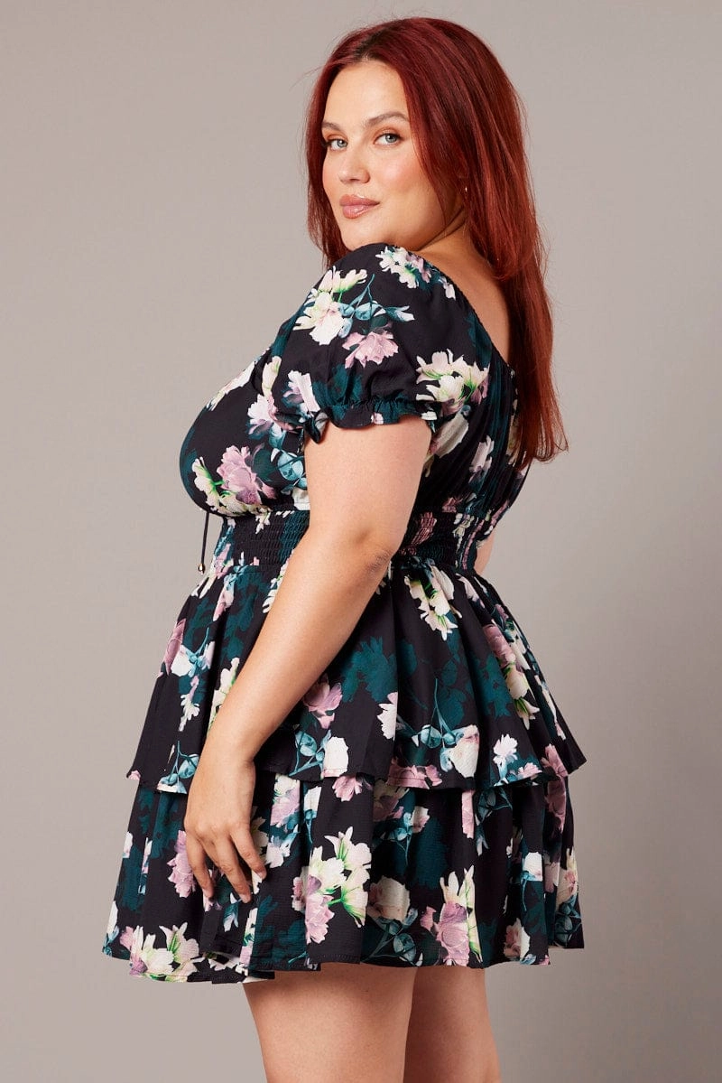 Cozy Flex Black Floral Shirred Waist Detail Layer Minidress