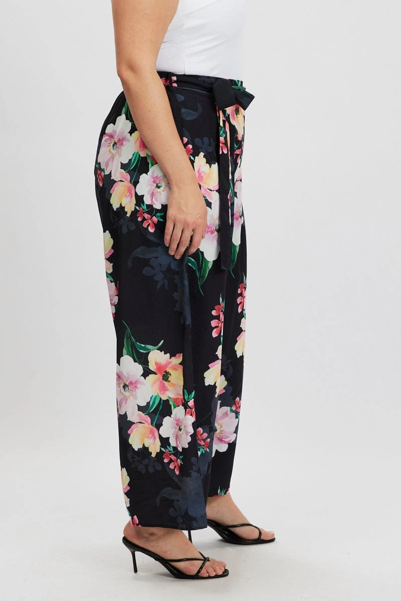 ErgonomicStitching Black Floral Wide Leg Pleat Front Crepe Pants
