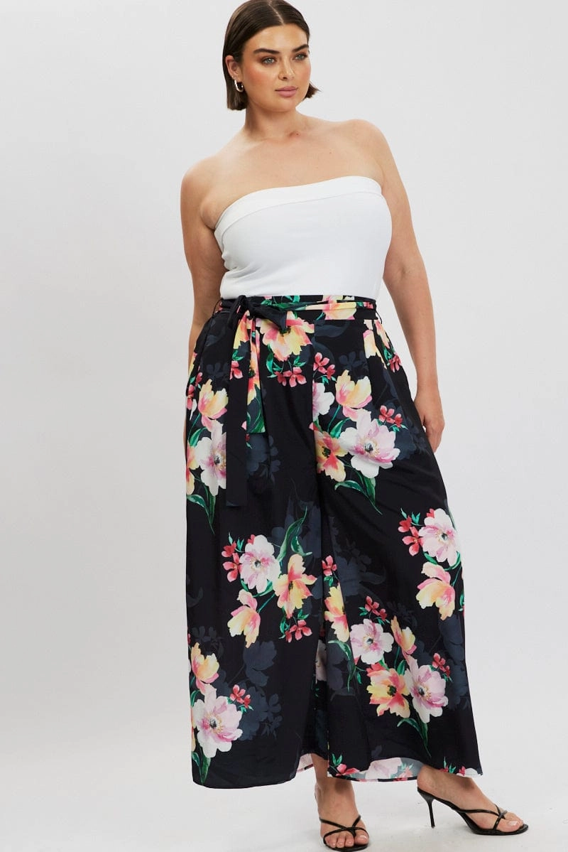 Black Floral Wide Leg Pleat Front Crepe Pants Odor Control Technology All Day Comfort Fit