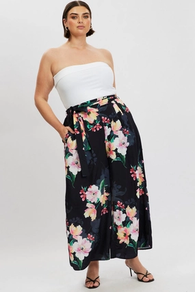 Breathable Waist Black Floral Wide Leg Pleat Front Crepe Pants