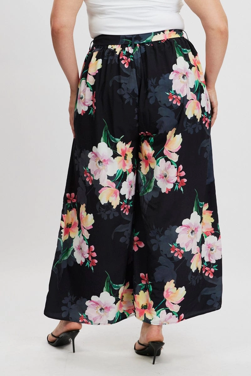 Black Floral Wide Leg Pleat Front Crepe Pants Breathable Motion Tapered Leg Design