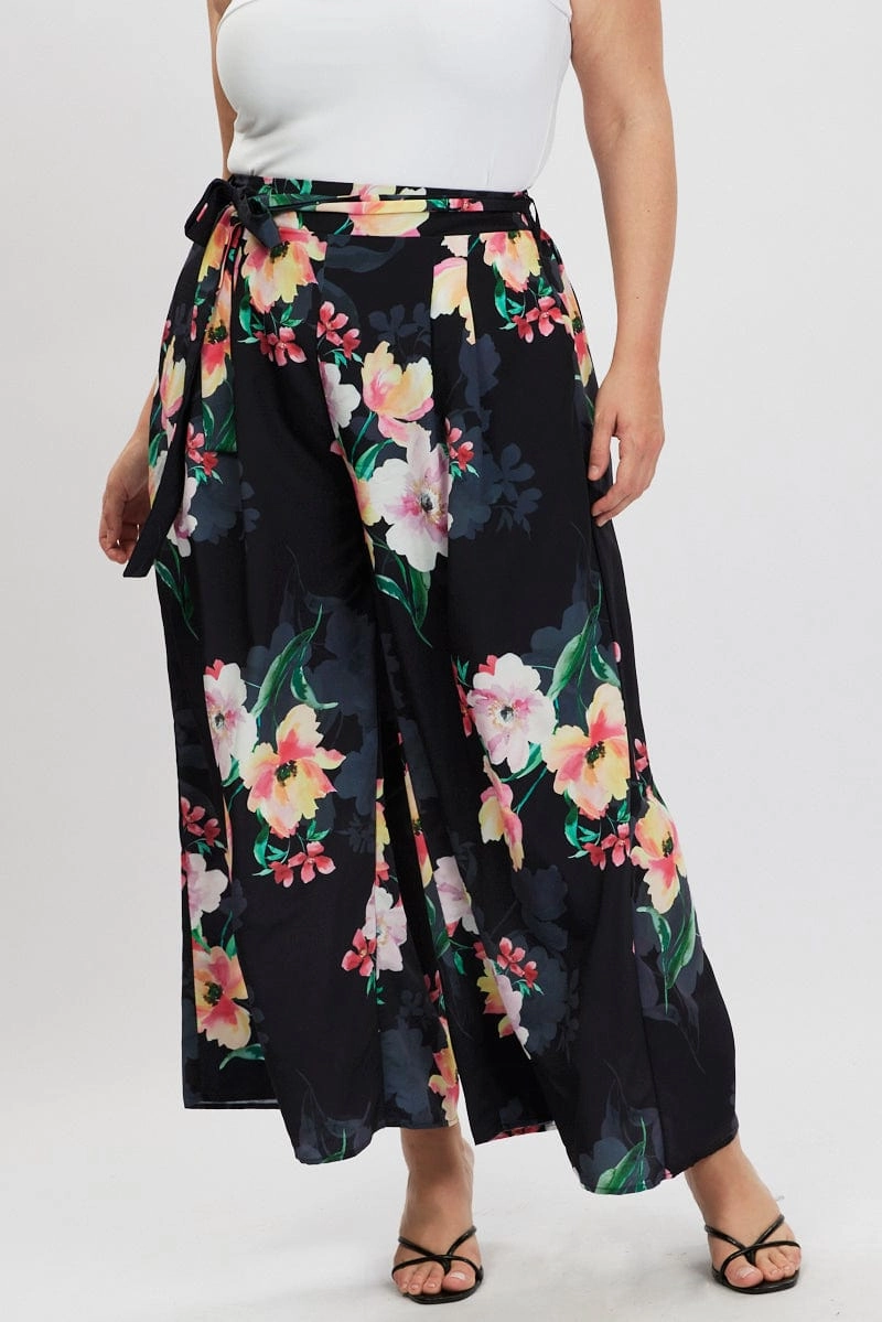 Black Floral Wide Leg Pleat Front Crepe Pants Movement Comfort