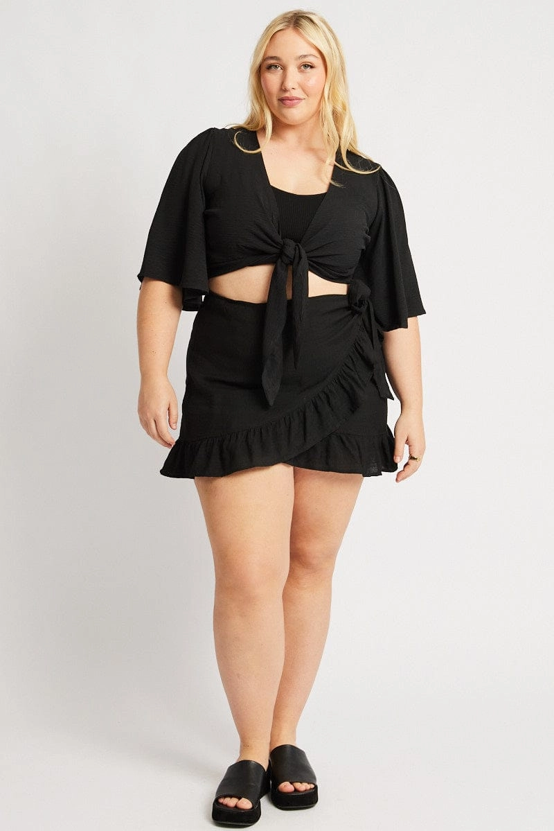 Lightweight Fabric Black Frill Hem Wrap Mini Skirt