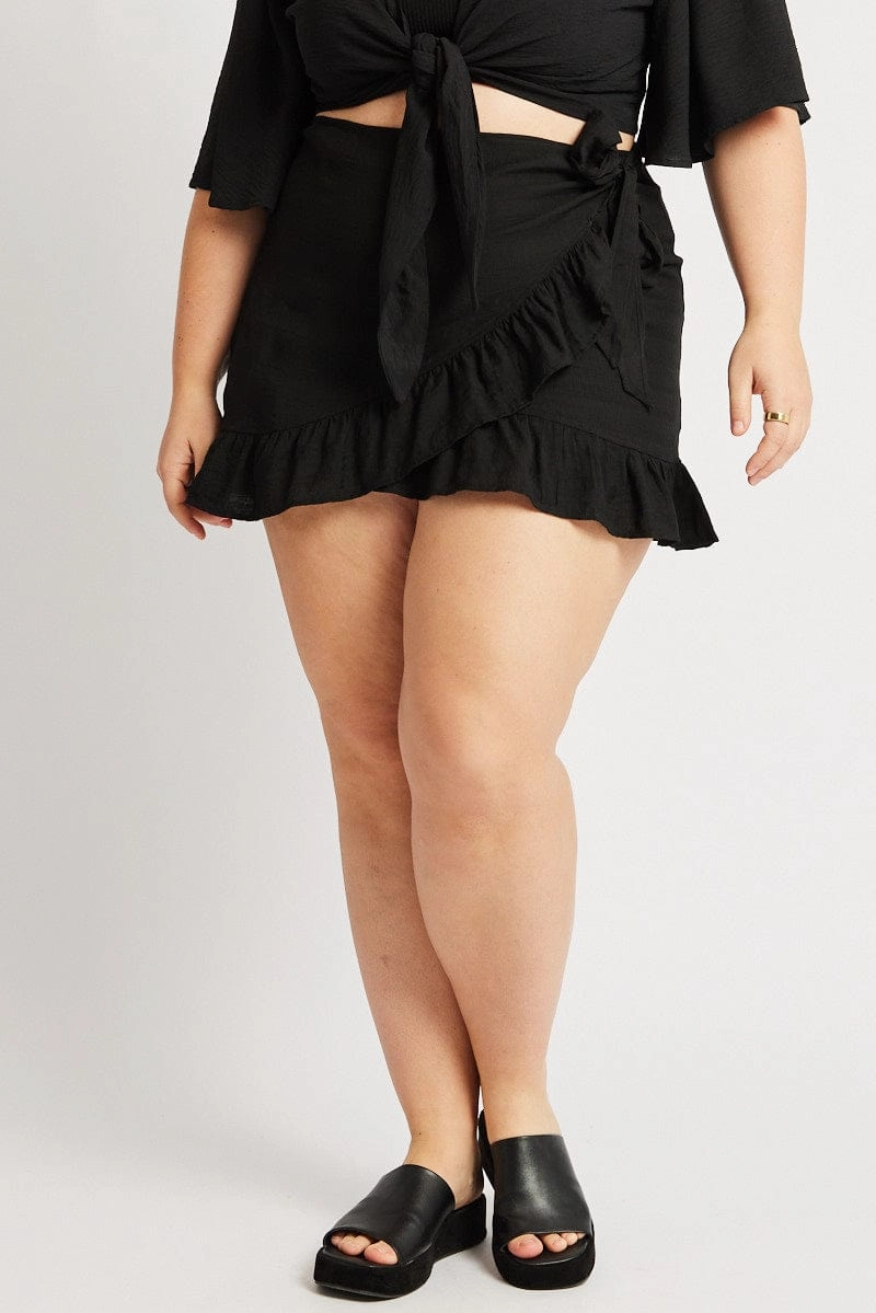 Mood Outfit Breathable Black Frill Hem Wrap Mini Skirt