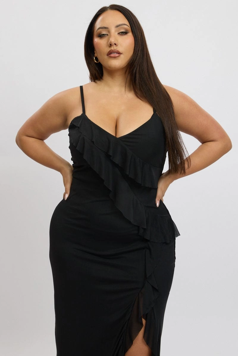 Black Frill Mesh Bodycon Maxidress Smart Tones