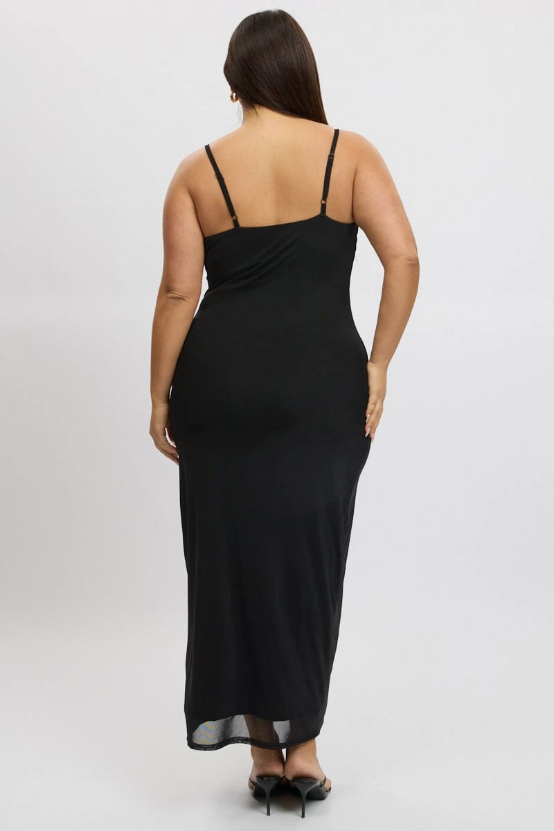 Classic Comfort Black Frill Mesh Bodycon Maxidress