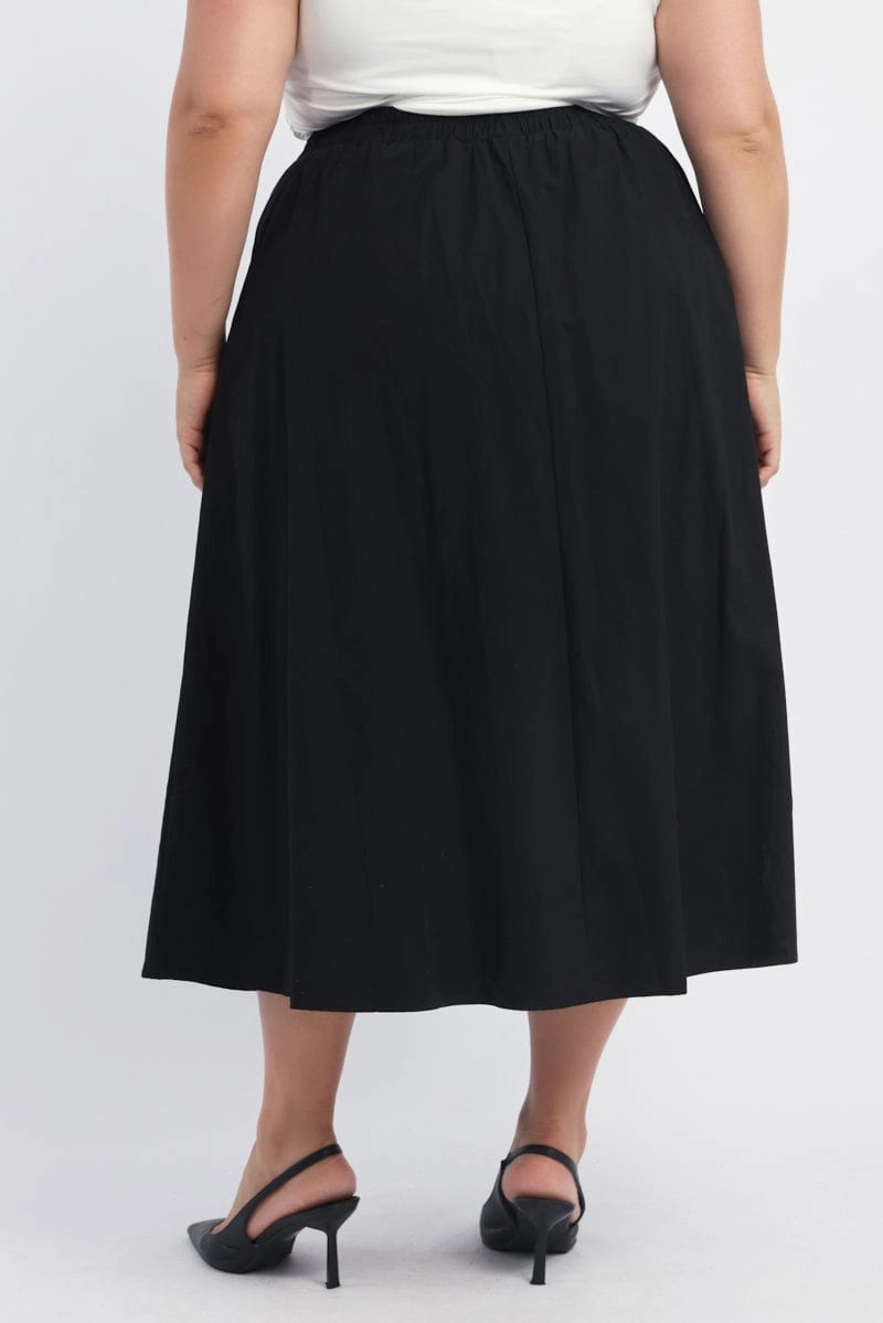 Semi Sheer Crisp Fit Black Full Midi Skirt with Pockets
