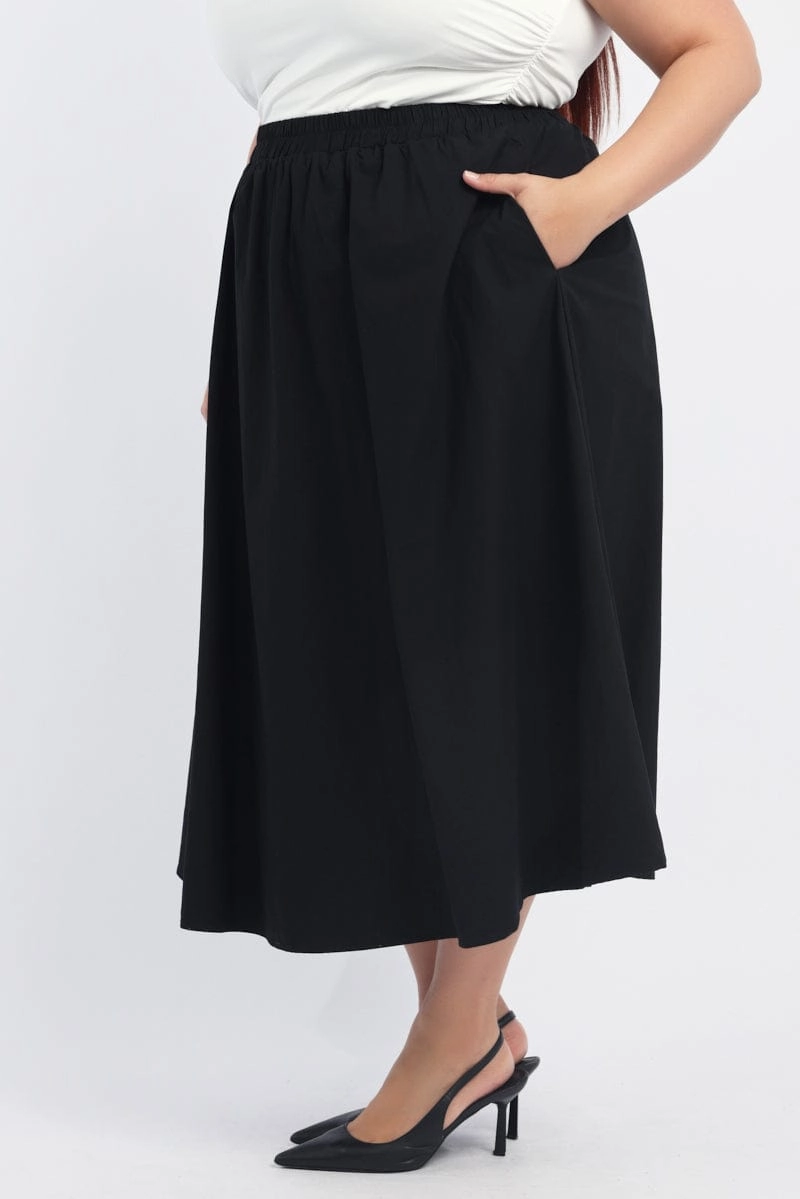 Black Full Midi Skirt with Pockets Stretchable Waist Laser Cut Edges