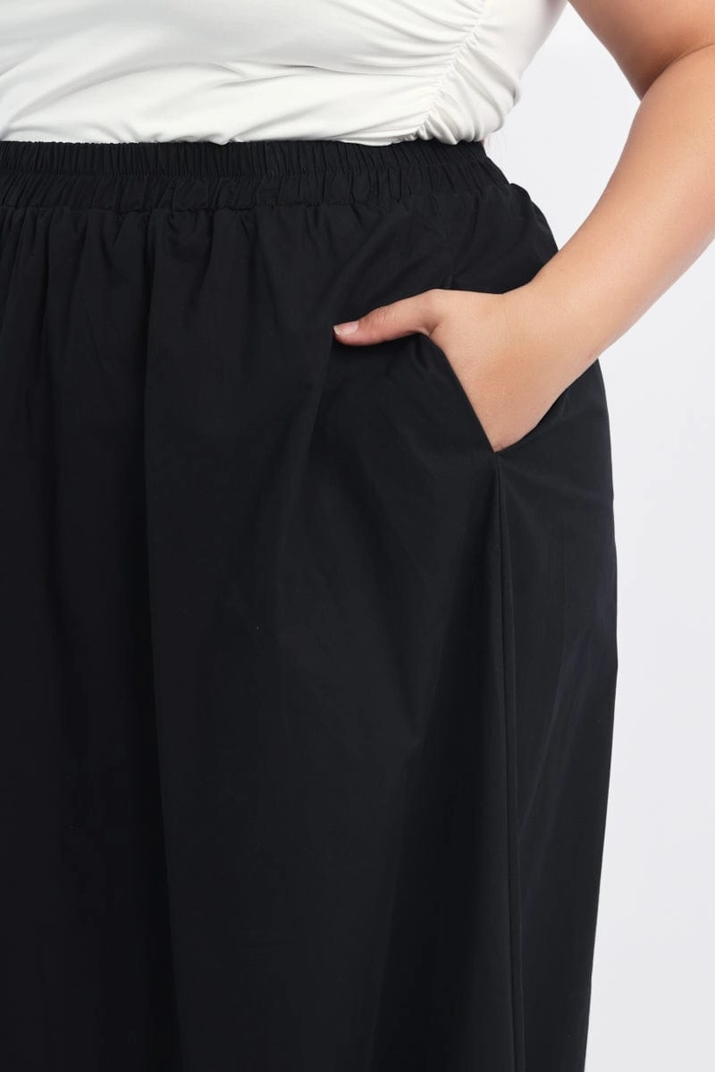 Black Full Midi Skirt with Pockets Active Wear Cotton Rich