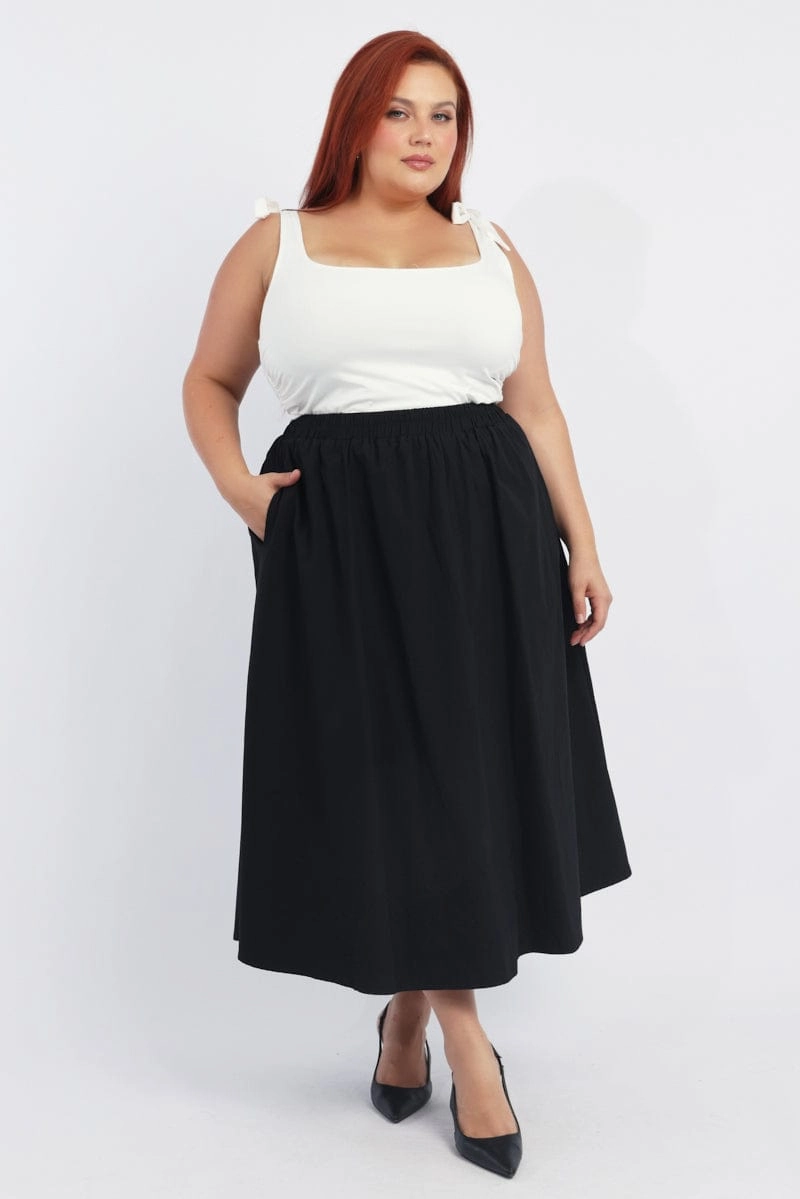 Black Full Midi Skirt with Pockets Cultural Event Moisture wicking