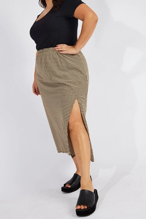 Black Geo Midi Split Skirt Satin feel