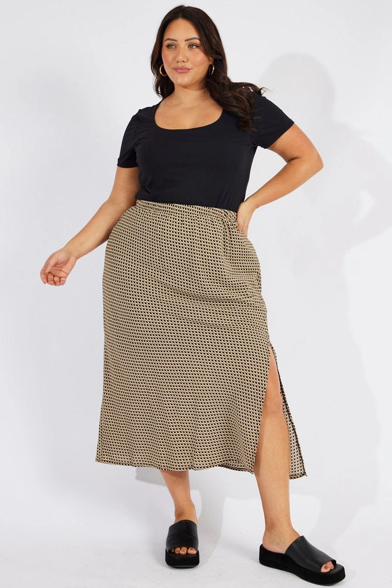 Comfy Fit Black Geo Midi Split Skirt