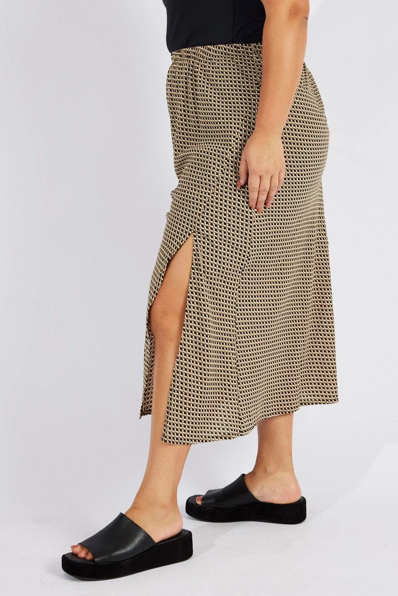 Button Details Side Slit Black Geo Midi Split Skirt