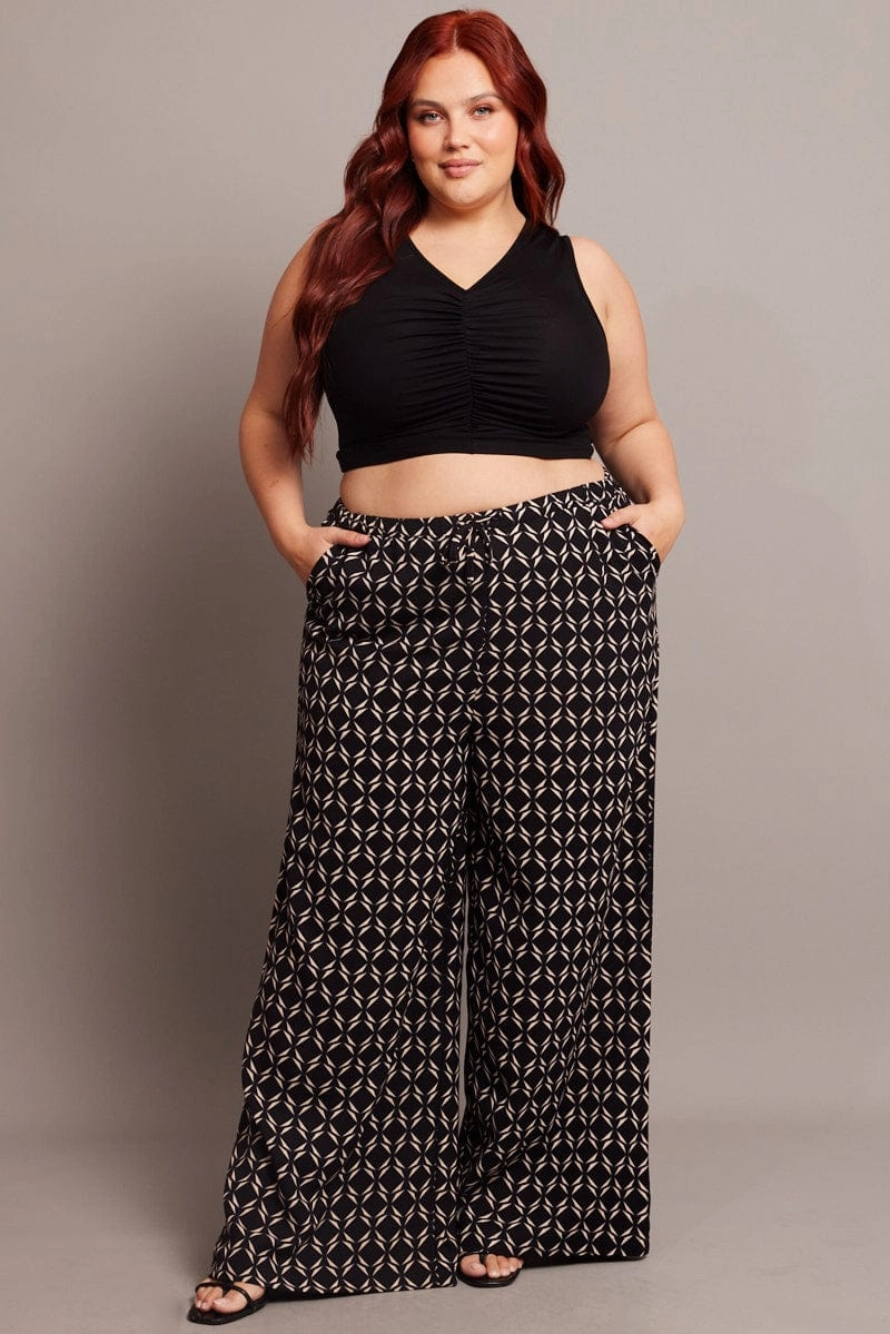 Cozy and Soft Stylish Appearance Black Geo Wide Leg Pants High Rise