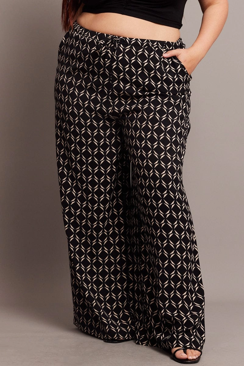 Comfy Fit Black Geo Wide Leg Pants High Rise