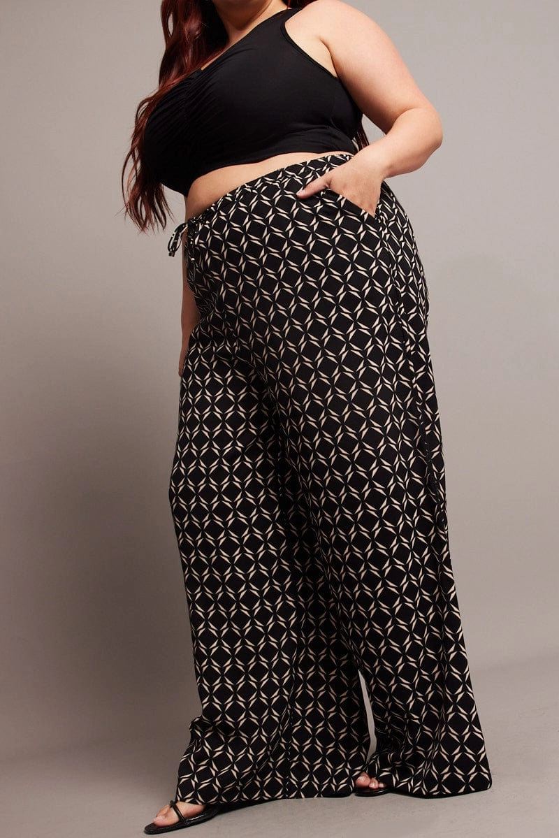 Seamless Comfort MultiPocket Black Geo Wide Leg Pants High Rise
