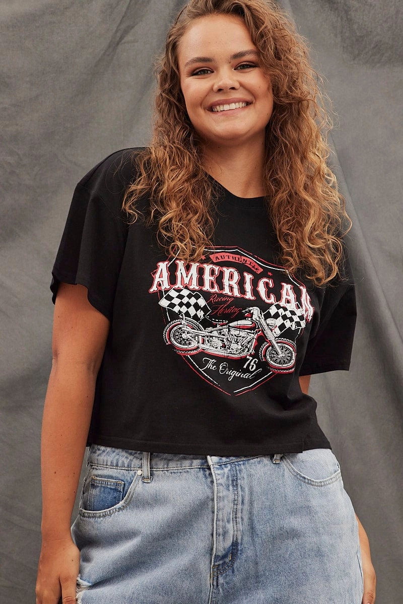 Fashion Fit Black Graphic T-shirt American Vintage Crop Cotton