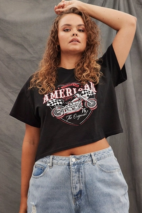 Quick Access Black Graphic T-shirt American Vintage Crop Cotton